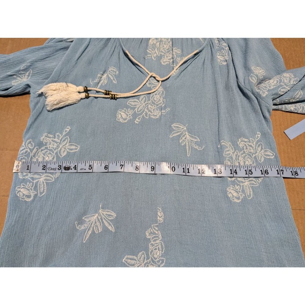 Obsessive Love baby blue Embroidered Floral boho tassel peasant Tunic top S - Picture 8 of 9